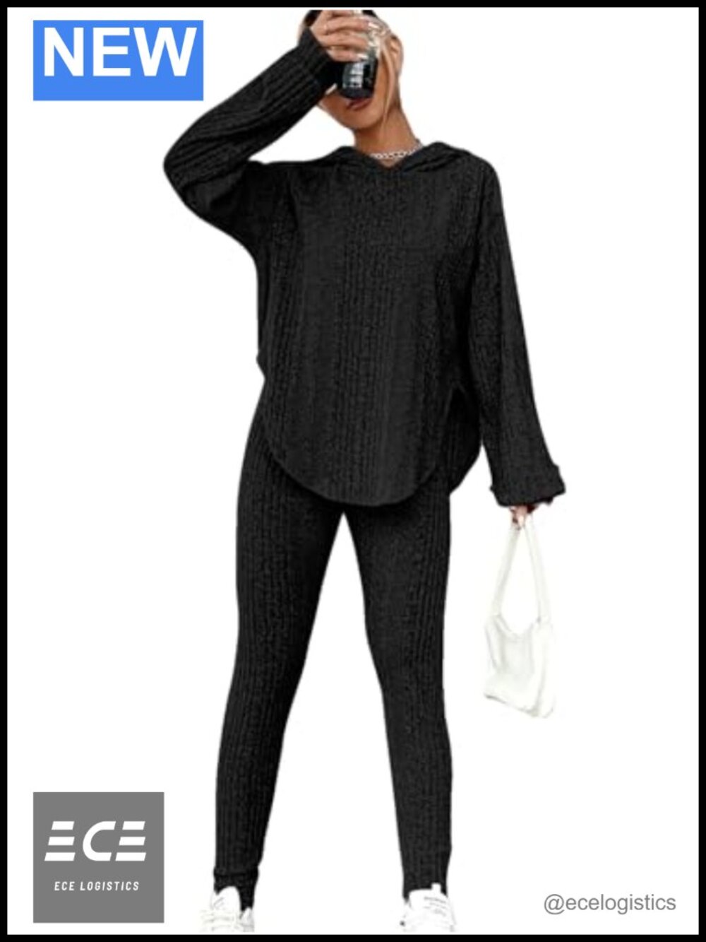 Ribbed 2 Piece Hoodie and Leggings Set Asymmetrical Split Hem Long Sleeve